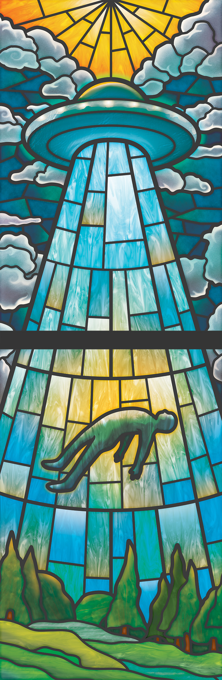 Heaven and Hell stained-glass illustration, panel 2 — UFO